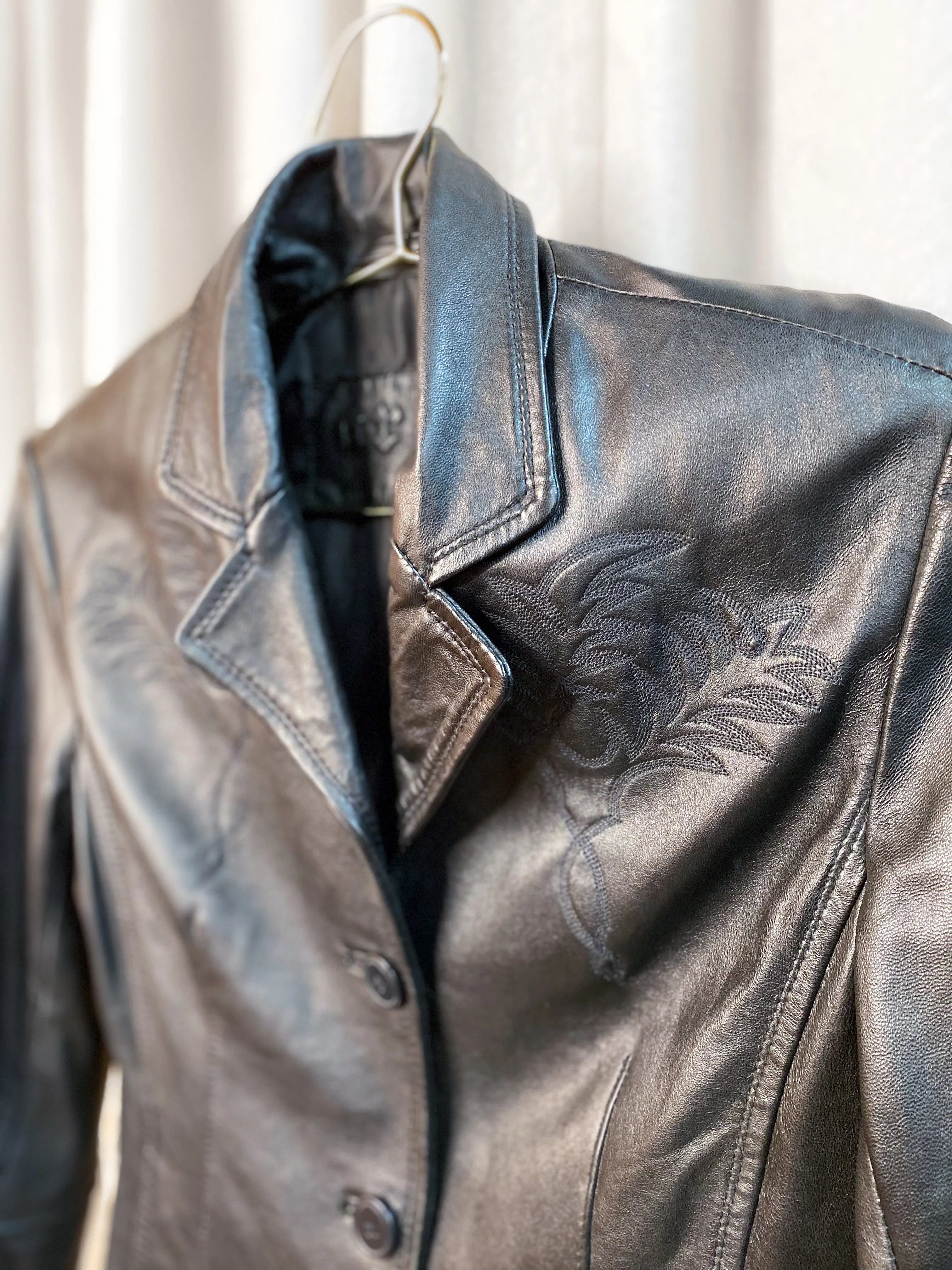 • PRE-LOVED • EMBROIDERED LEATHER JACKET [ Black Blazer, Size Small ]