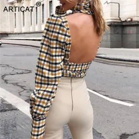 2021 Articat Sexy Backless Plaid Printed Women Shirts Long Sleeve Sizes S - XL