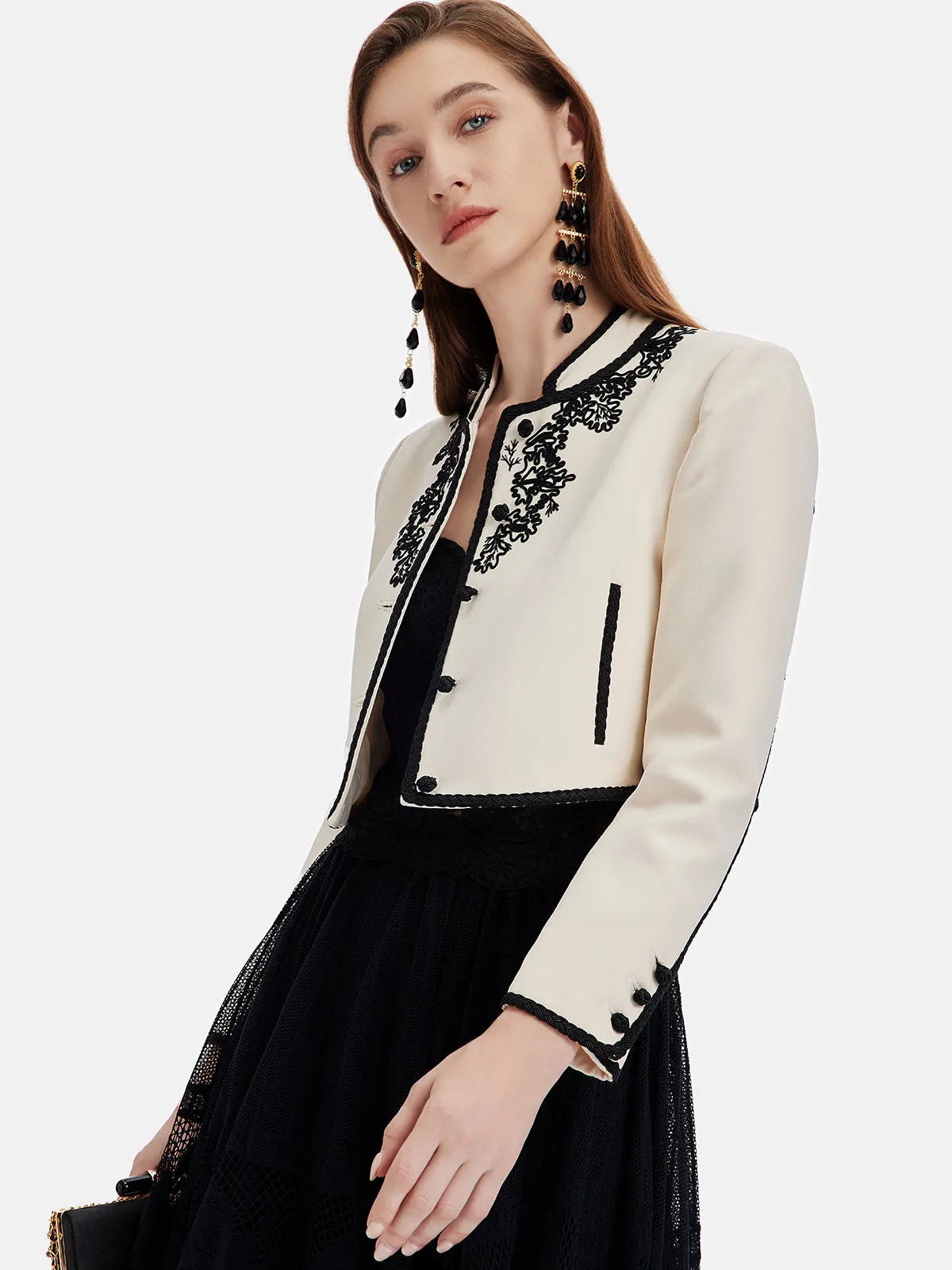 3D Cord Embroidery Silk Wool Cropped Jacket