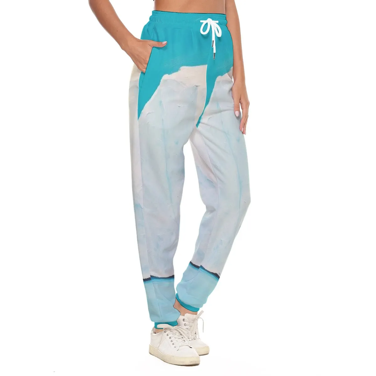 All-Over Print Women's Casual Pants 250 teal, and white abstract print