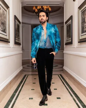 Ayushmann Khurrana in Our Jade Blue Printed Sheer Lurex Shirt and Jade Blue Printed Velvet Bomber Jacket from Our Matrix Collection