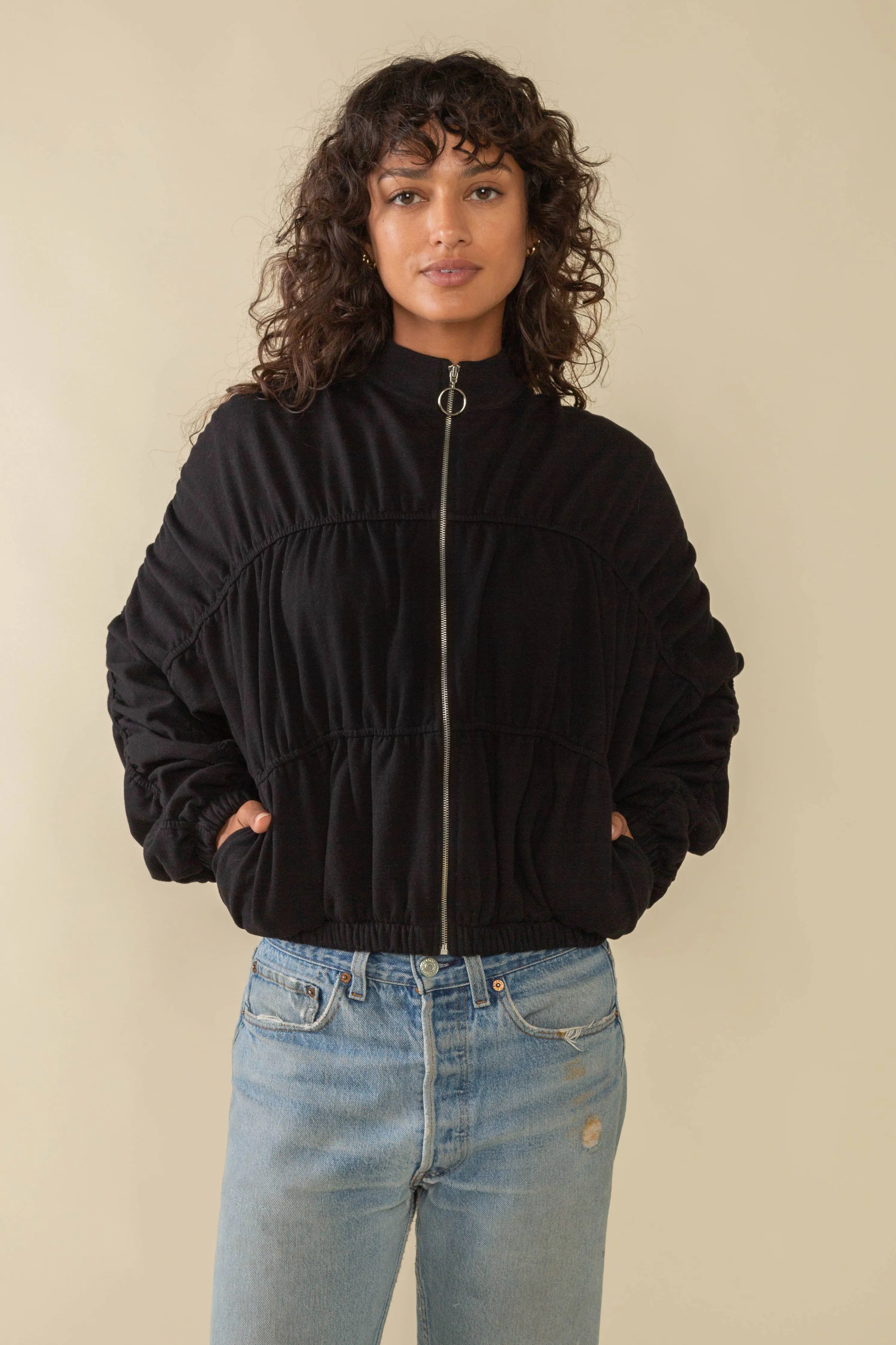 bandini shirred mock neck zip up jacket