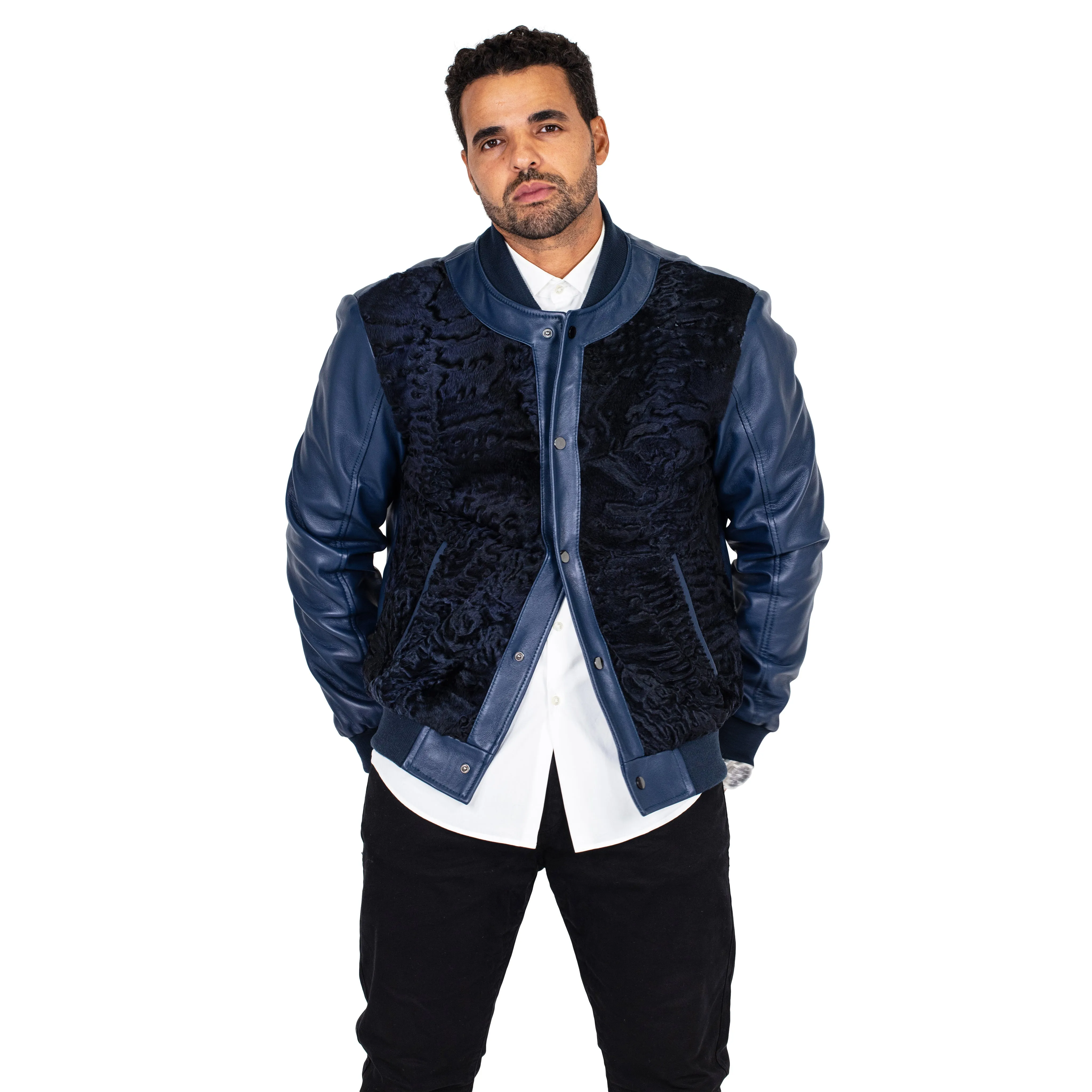 Baseball bomber jacket with Persian lamb full front #3443