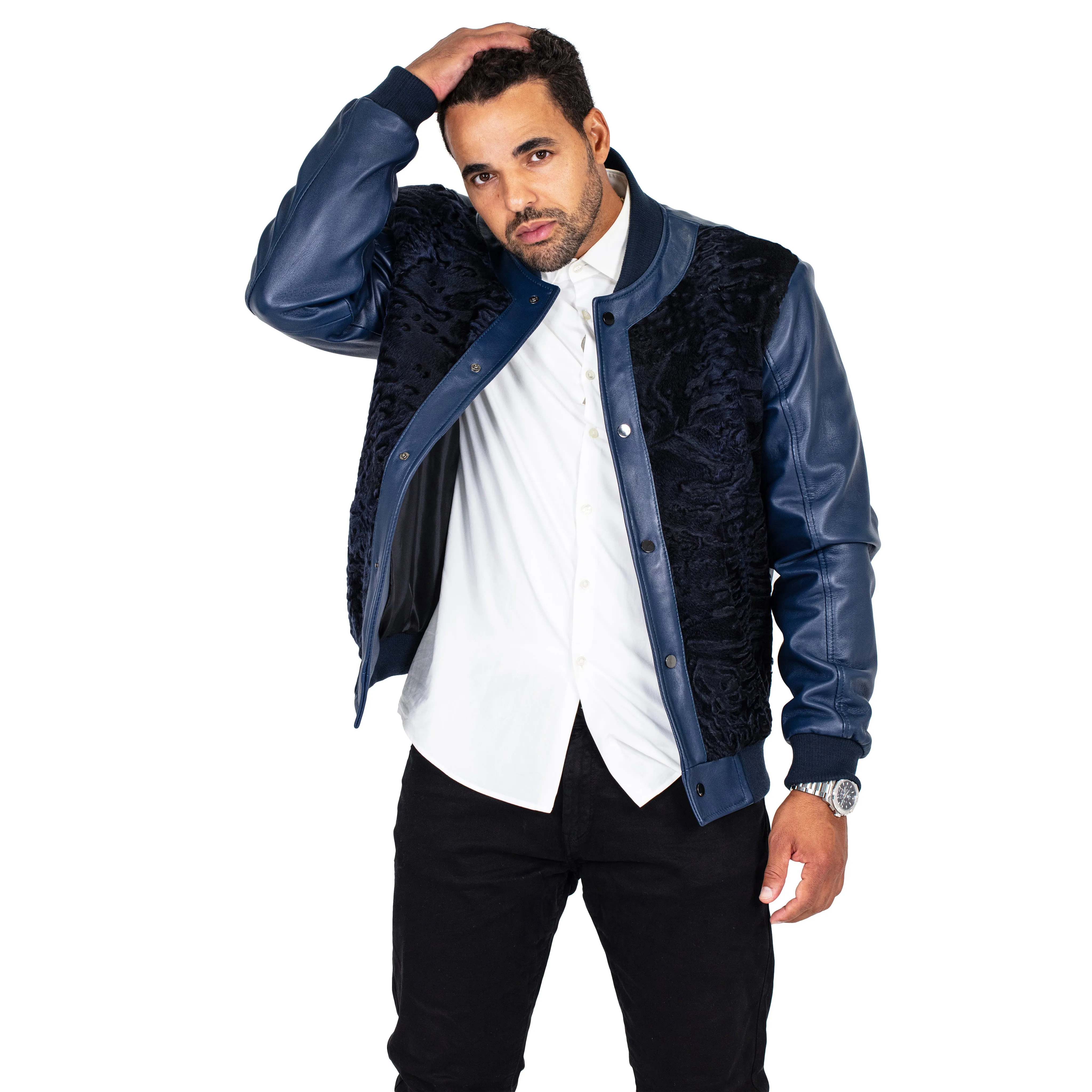 Baseball bomber jacket with Persian lamb full front #3443