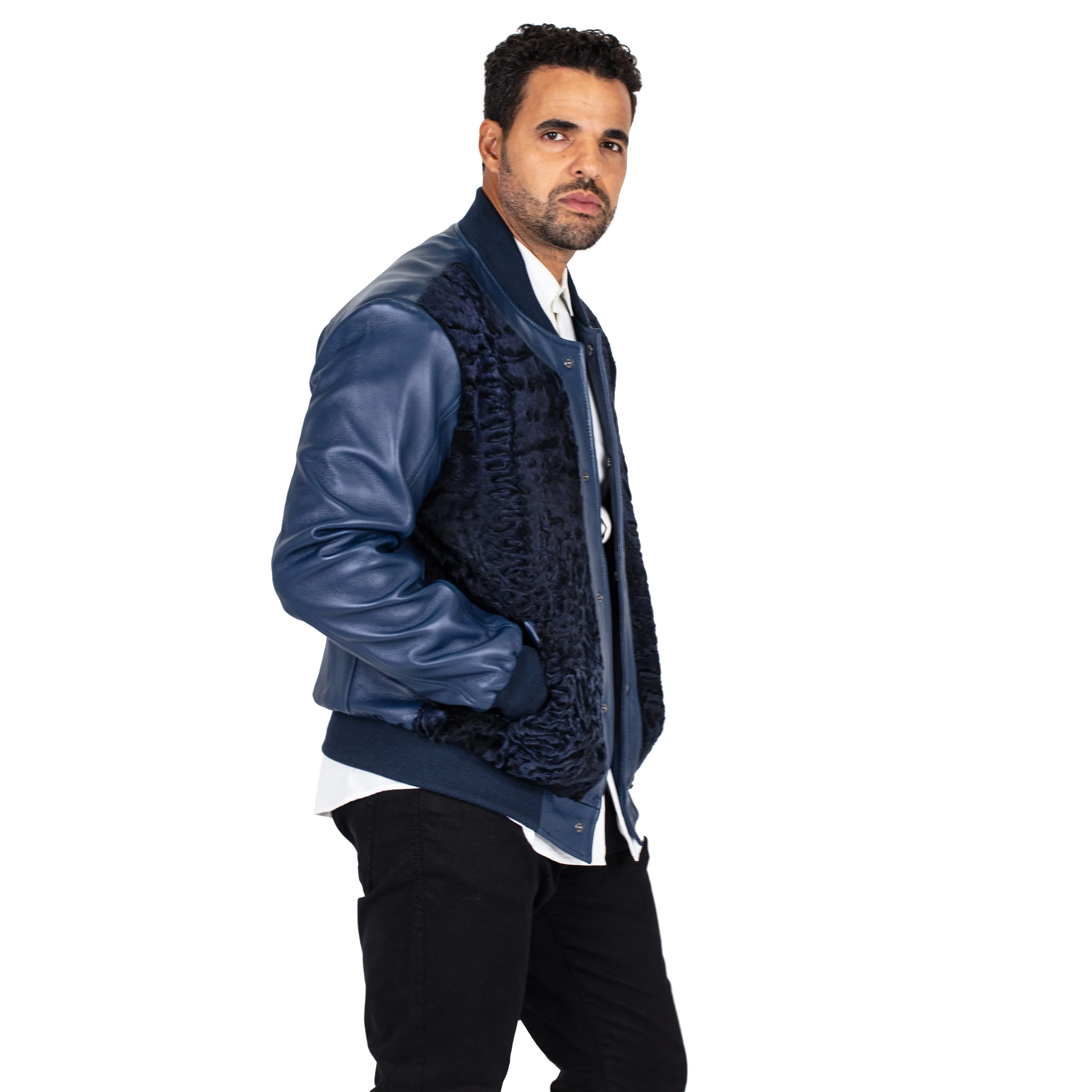 Baseball bomber jacket with Persian lamb full front #3443