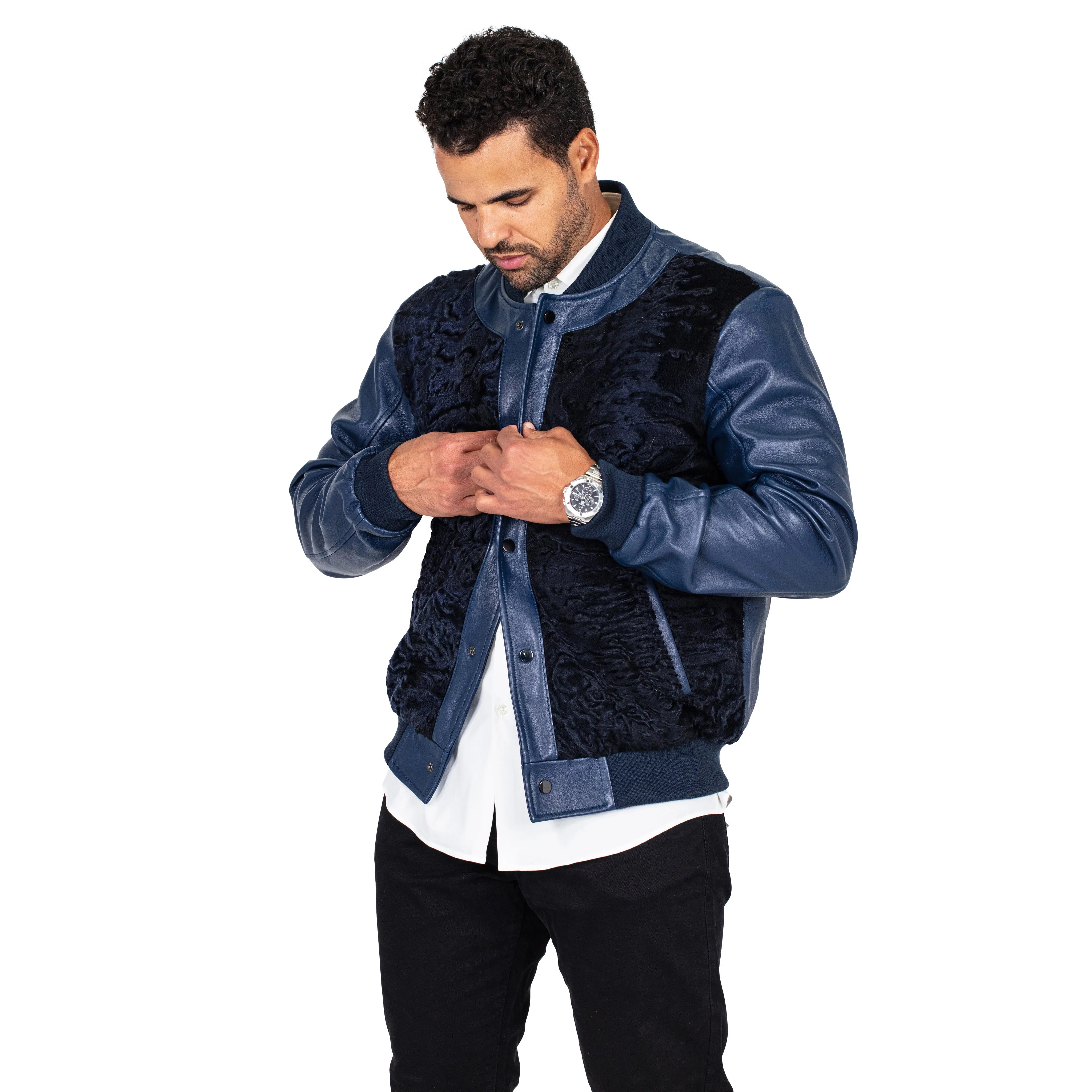 Baseball bomber jacket with Persian lamb full front #3443