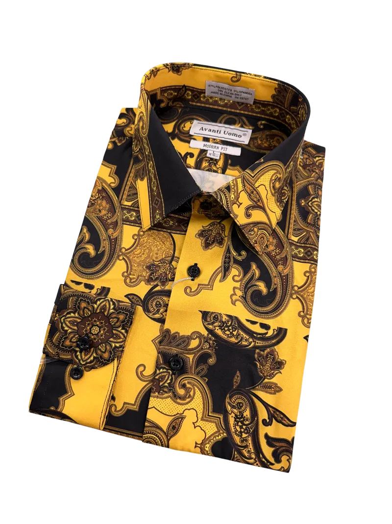 Black and Gold Paisley Print Long Sleeve Men's Dress casual Shirts