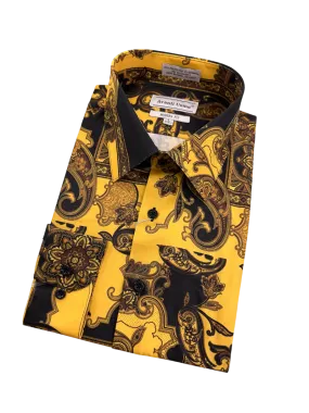 Black and Gold Paisley Print Long Sleeve Men's Dress casual Shirts