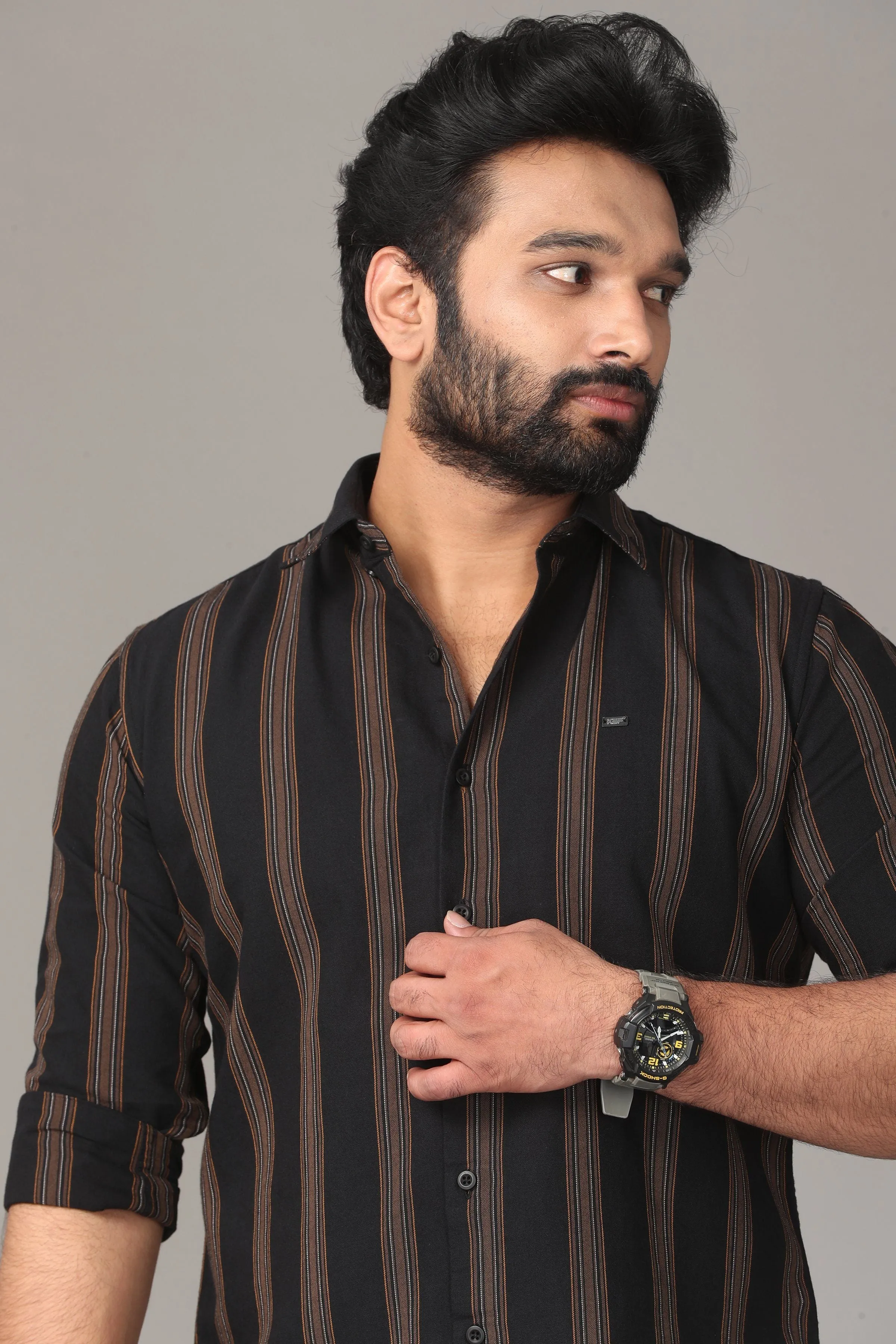 Black Full Sleeve Shirt with Brown Stripes