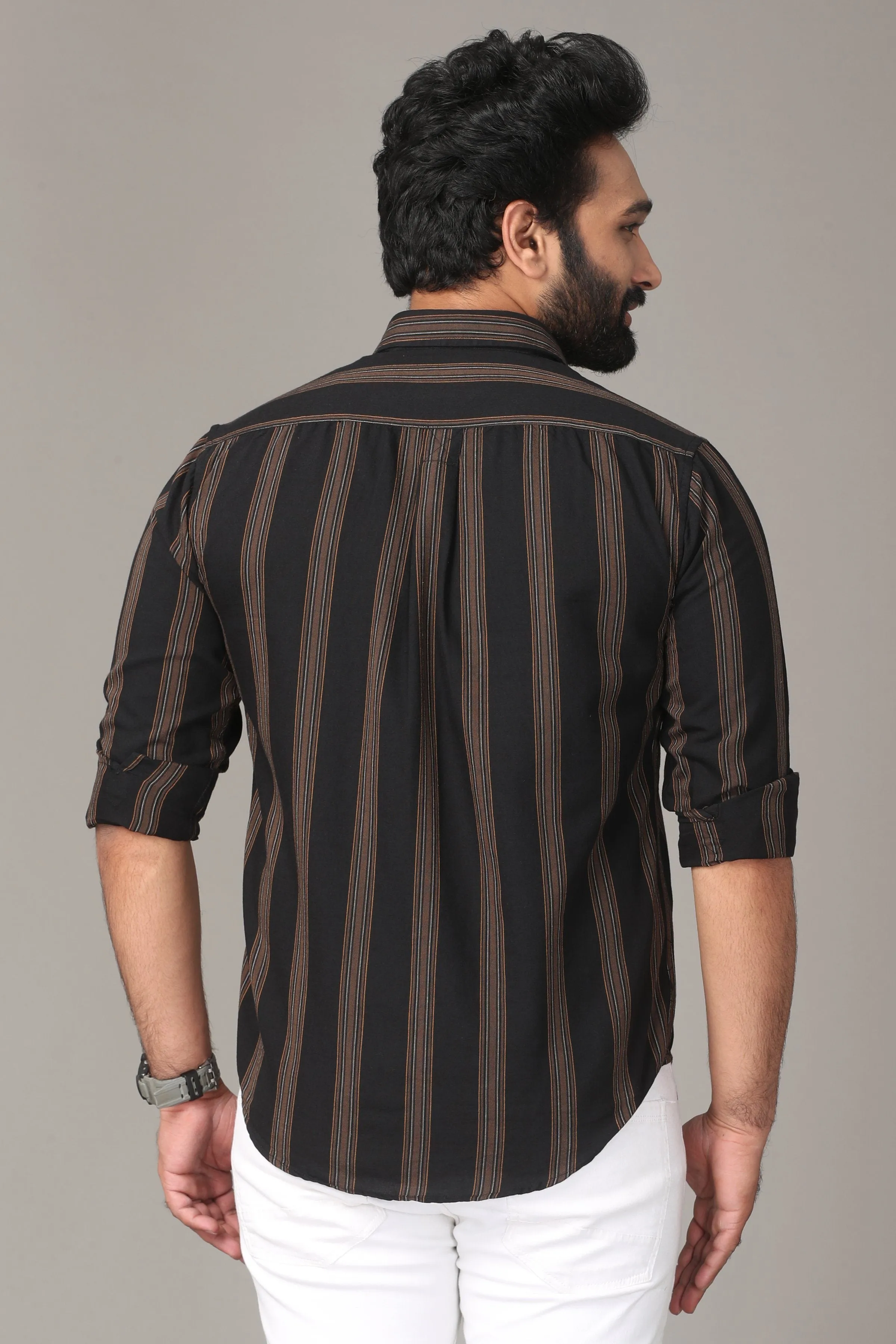 Black Full Sleeve Shirt with Brown Stripes