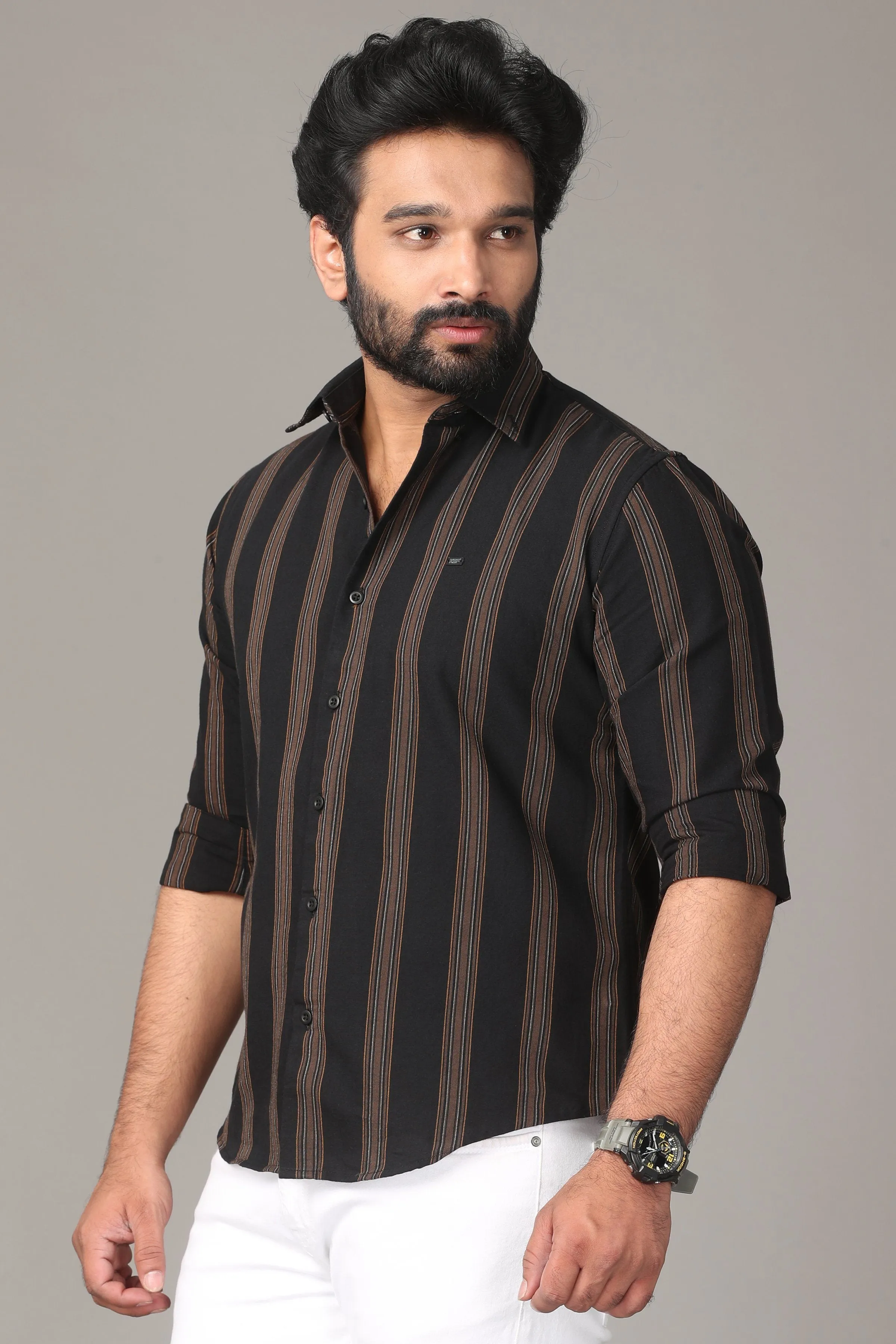 Black Full Sleeve Shirt with Brown Stripes