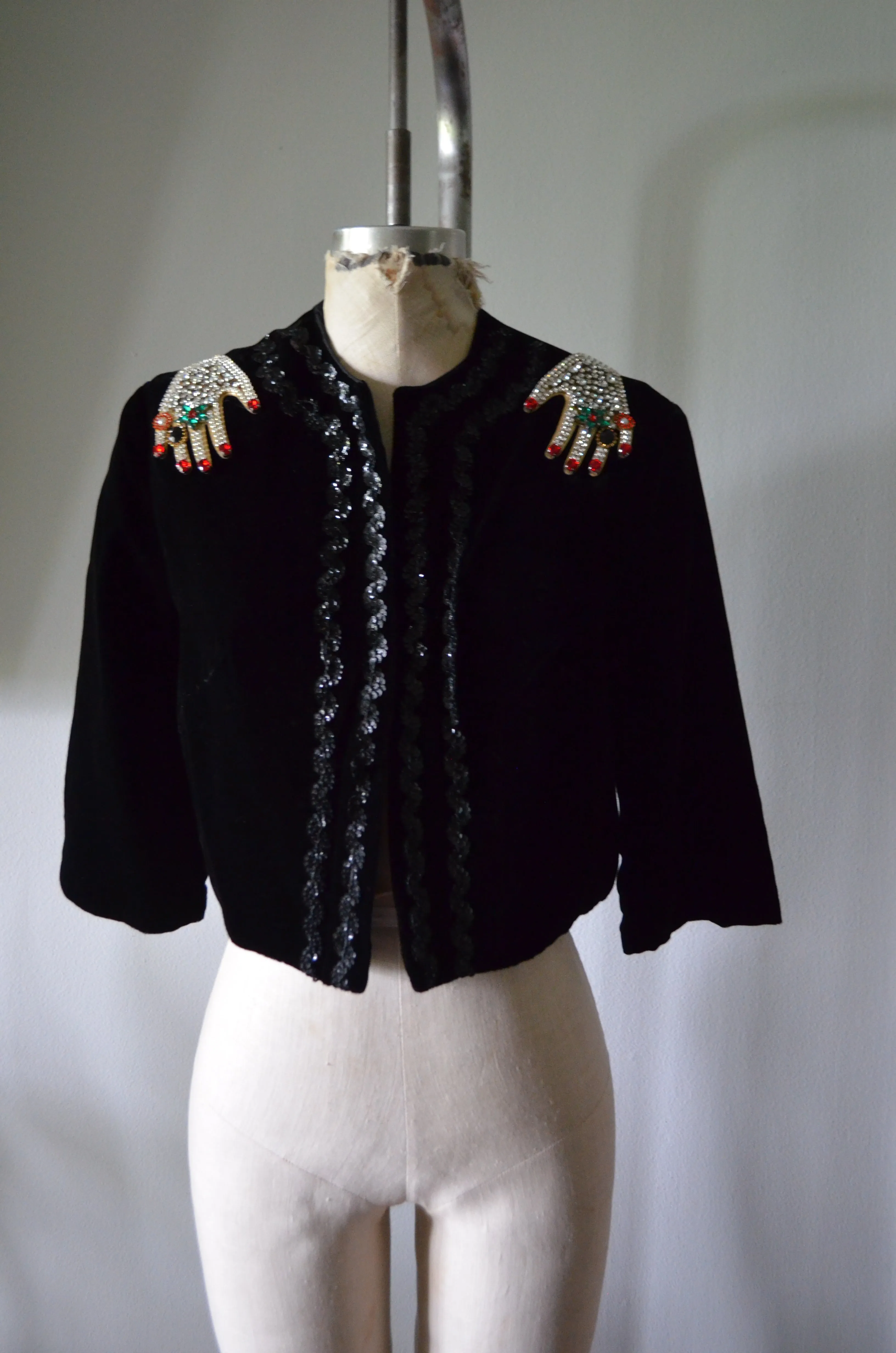 Black Velvet Sequined Beaded Rhinestone hand patches Jacket Short Cropped