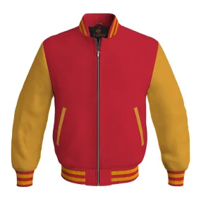 Bomber Jacket Women Red Body and Gold Leather Sleeves Bomber Jacket