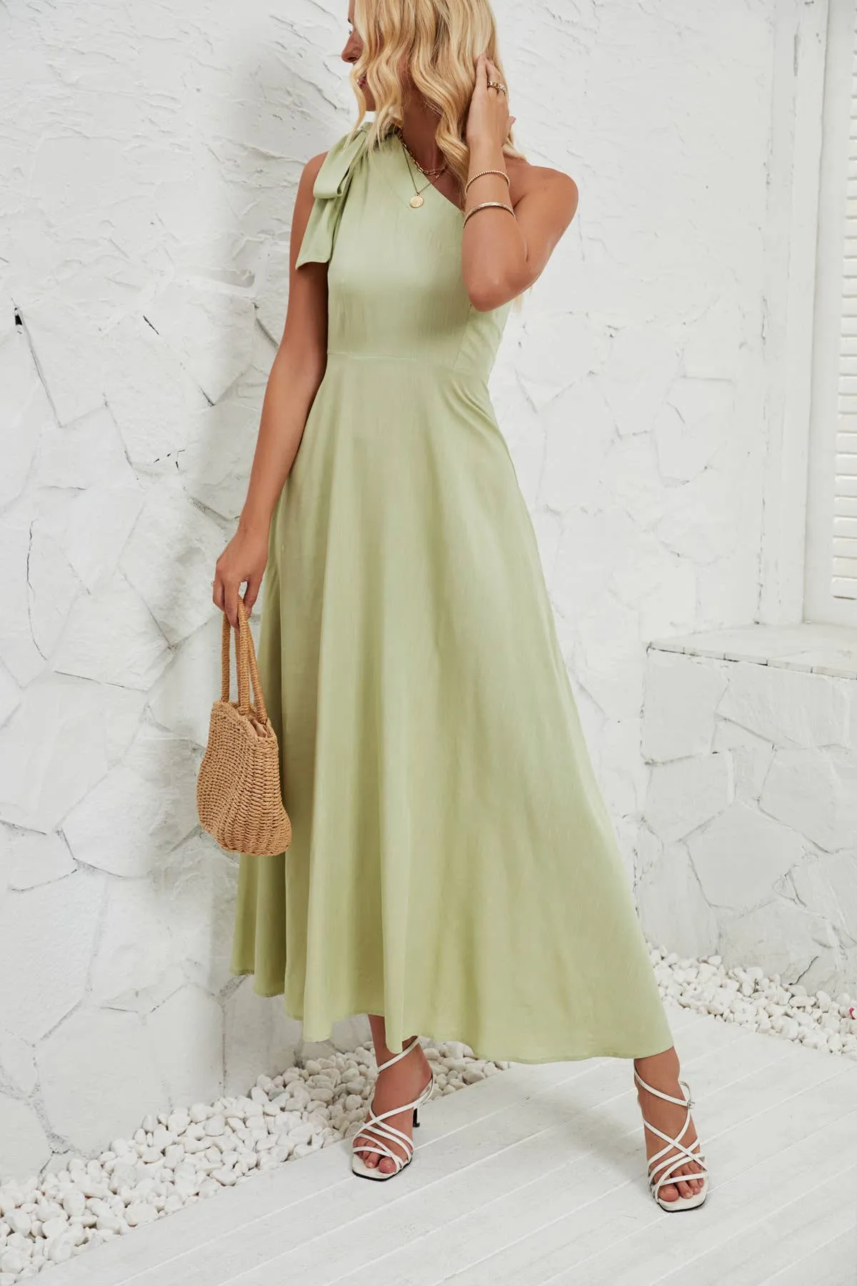 BOW ONE-SHOULDER BELTED DRESS_CWDMD1831