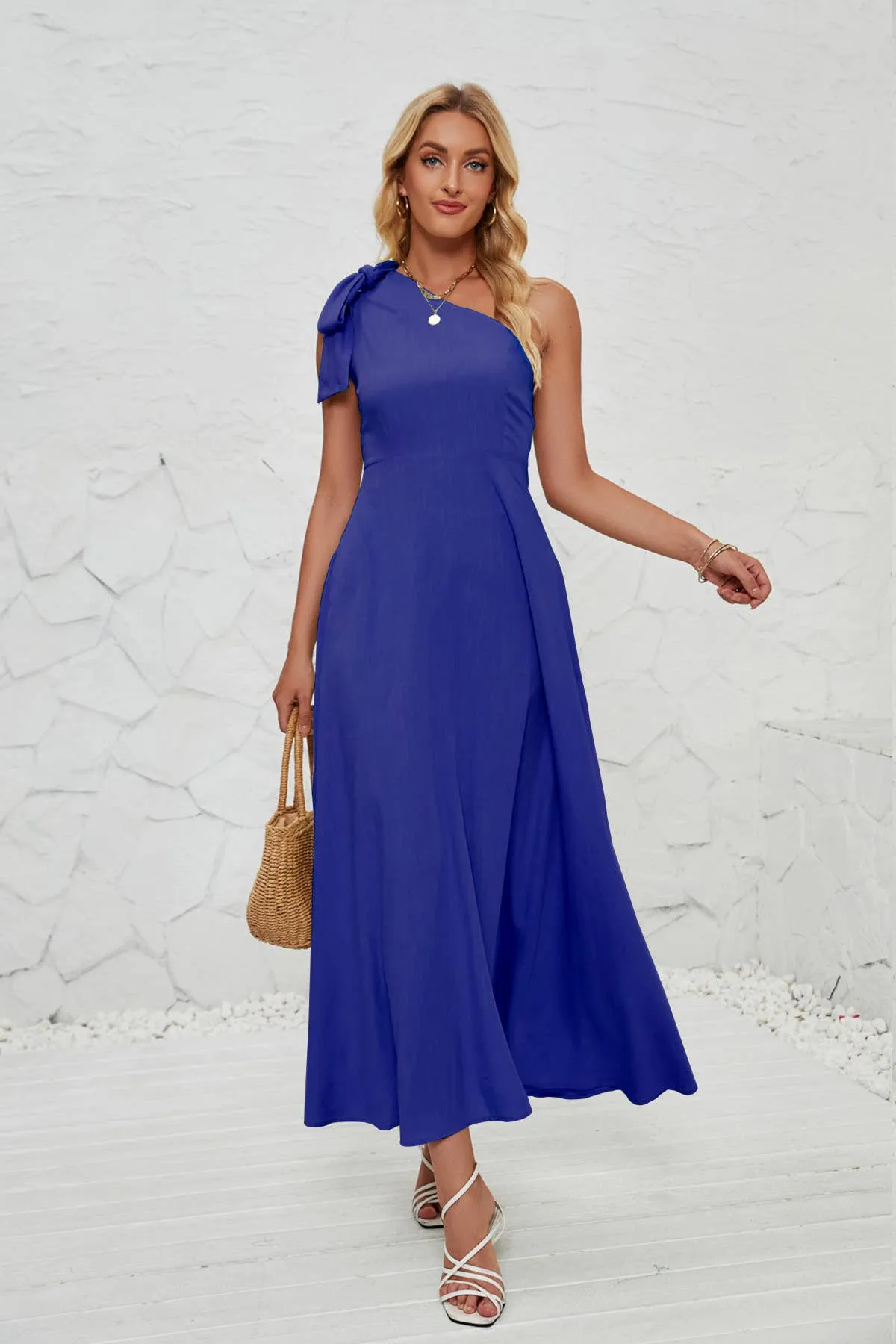 BOW ONE-SHOULDER BELTED DRESS_CWDMD1831