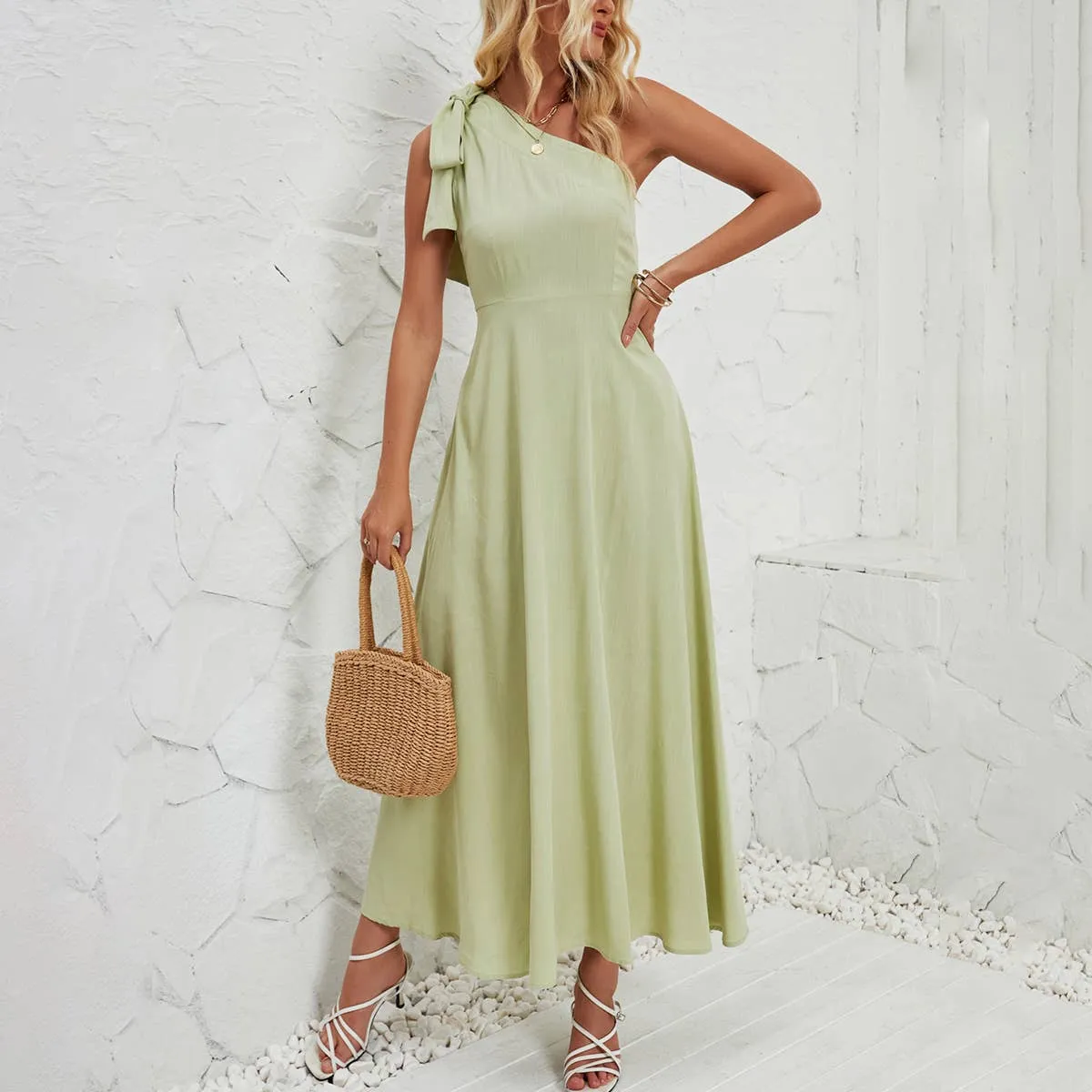 BOW ONE-SHOULDER BELTED DRESS_CWDMD1831