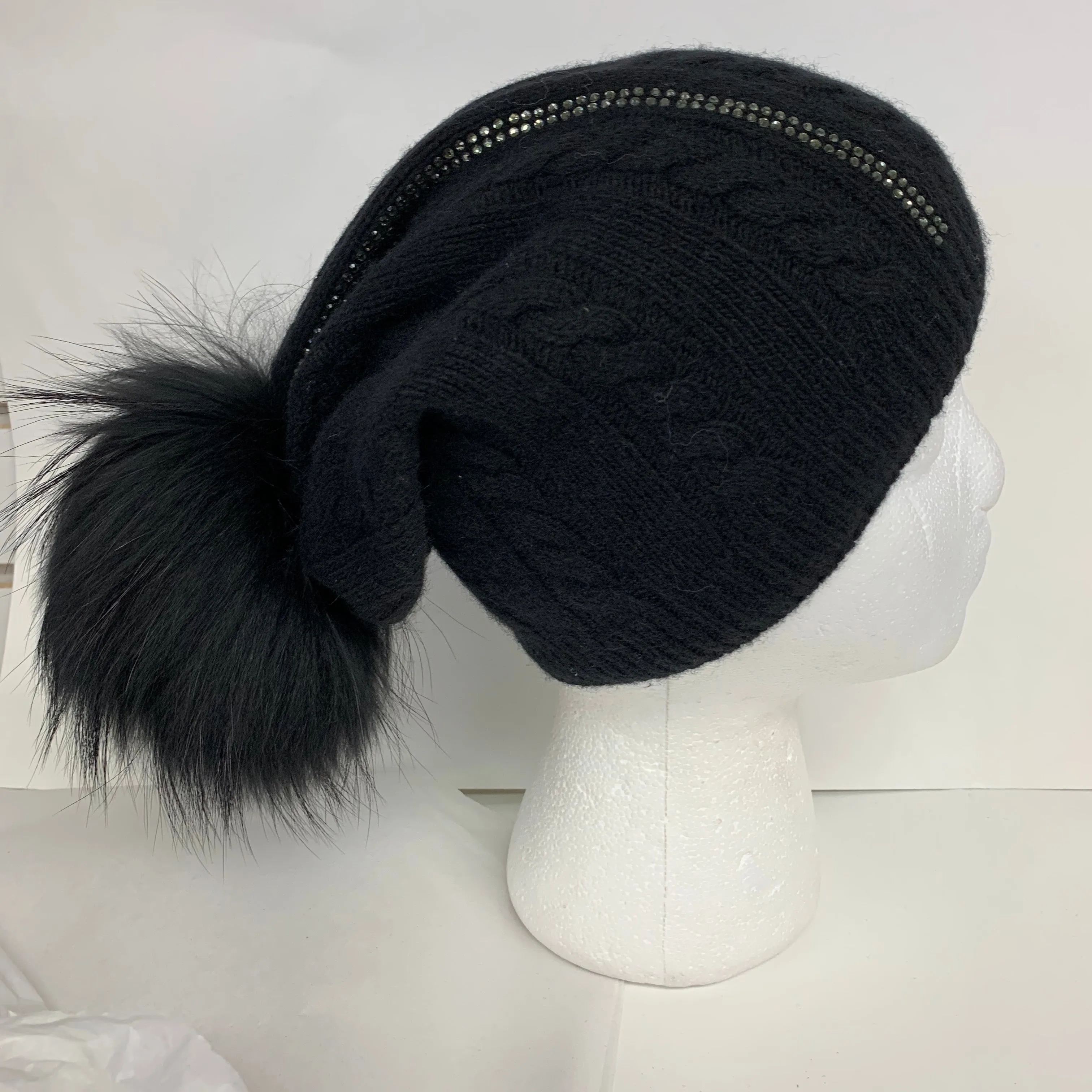 Cashmere & Rhinestone Cable Knit Lined Fur Beanie