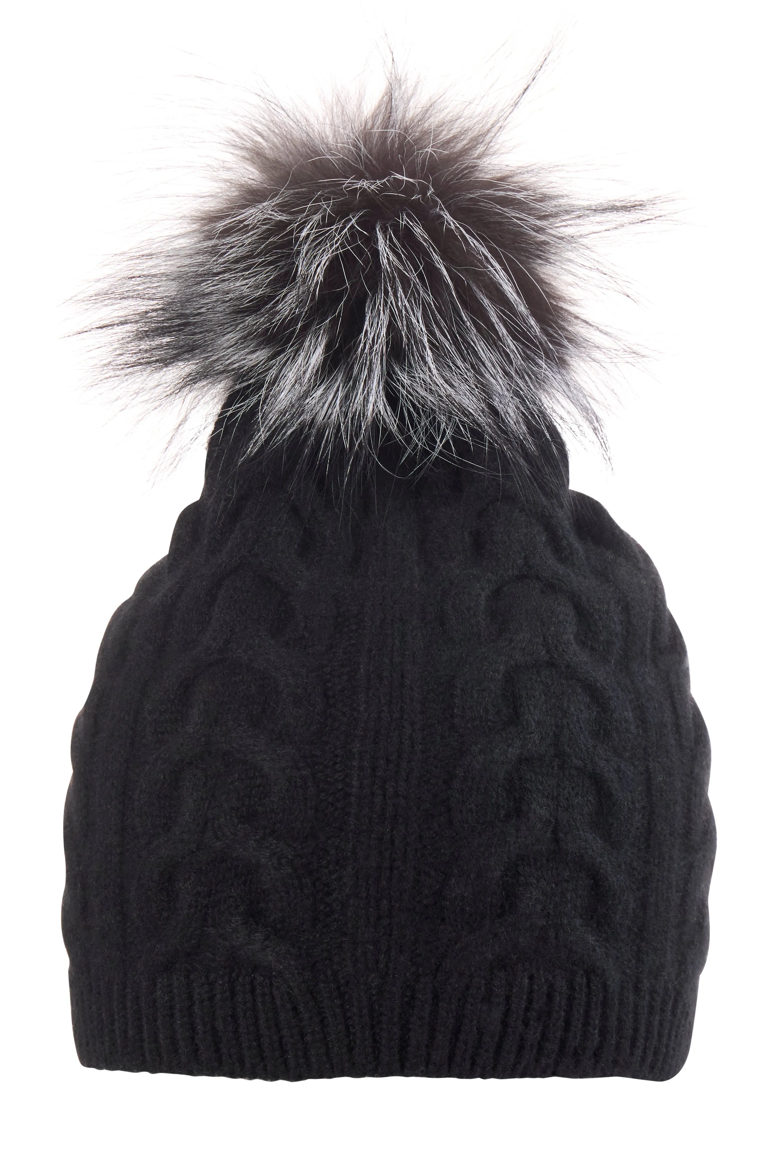 CASHMERE CABLE KNIT HAT WITH FUR POM