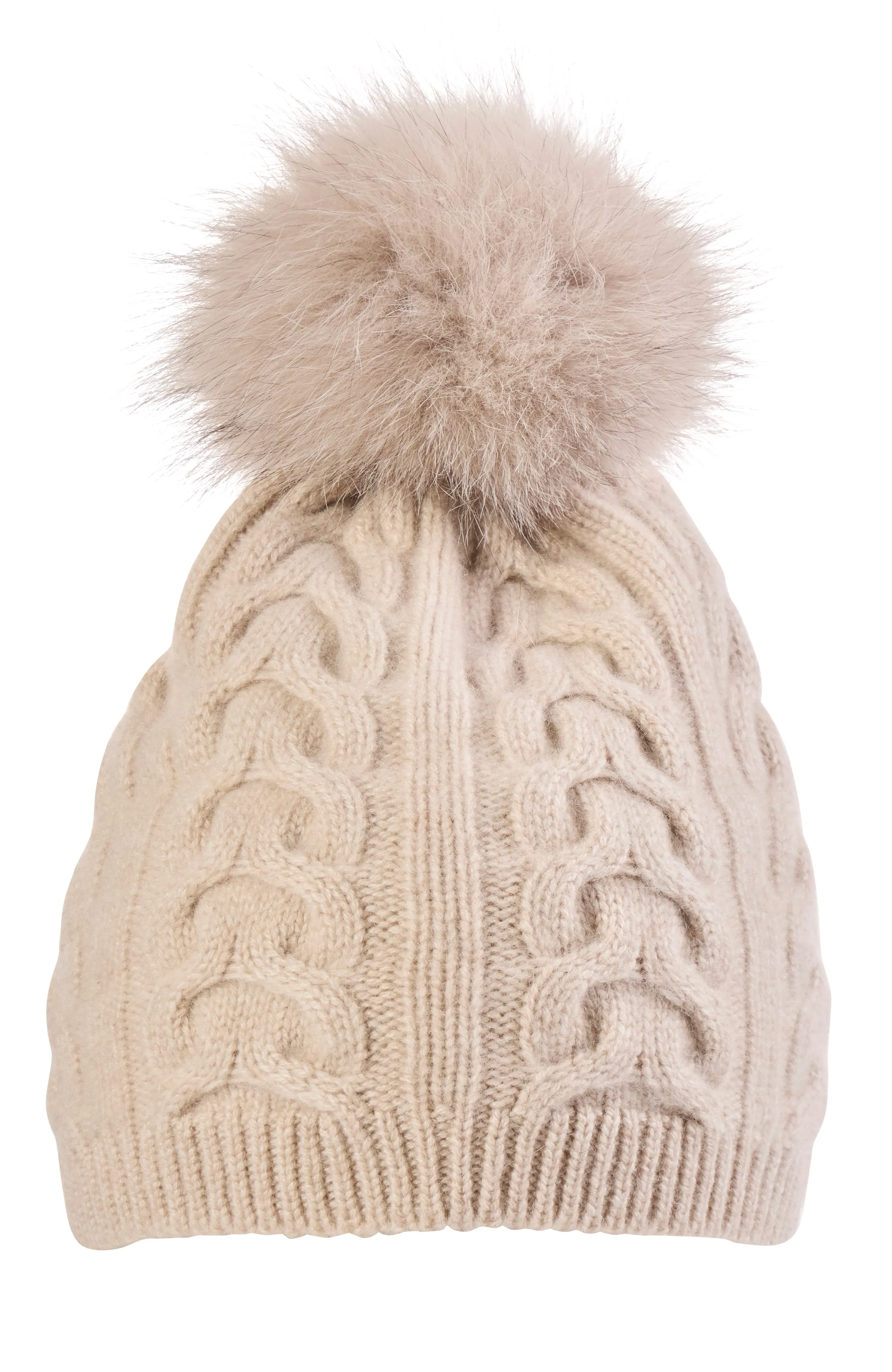 CASHMERE CABLE KNIT HAT WITH FUR POM