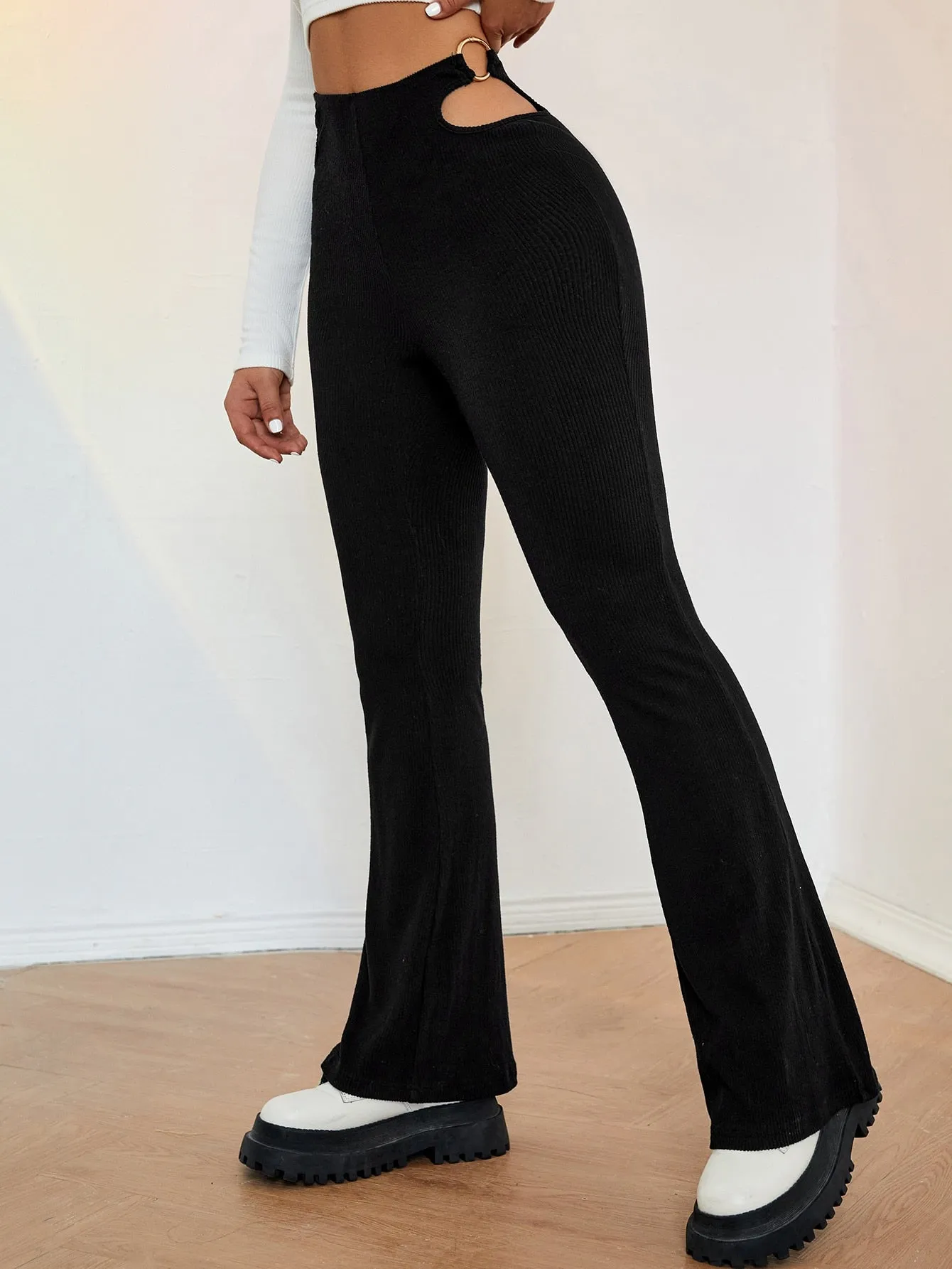 Casual Plain Ring High Waist Long Women Pants