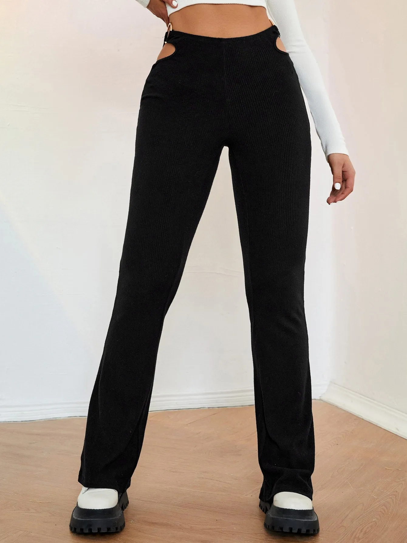 Casual Plain Ring High Waist Long Women Pants