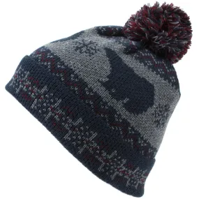 Childrens Fine Knit Bobble Beanie Hat with Polar Bear Print - Navy & Maroon