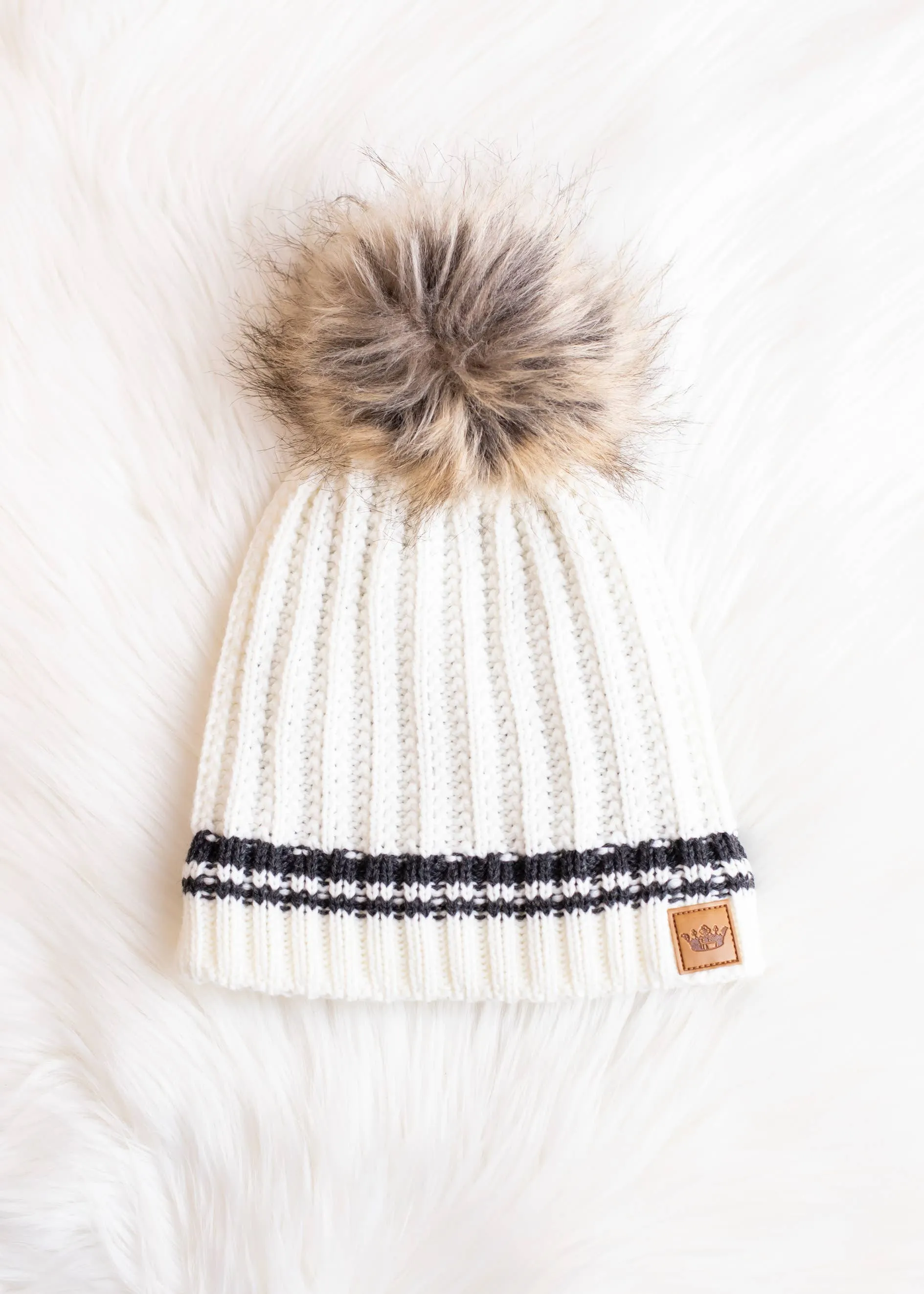 Cream w/ Dark Gray Stripe Pom Hat