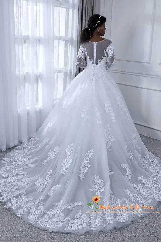 Discount Modest Long Sleeve Lace White Wedding Dress