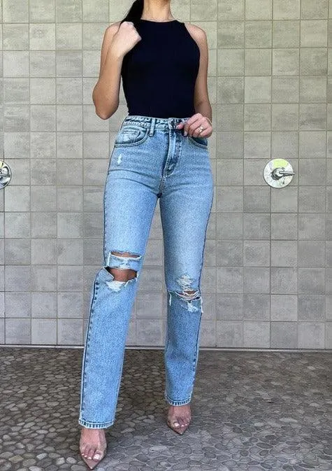 Distressed Straight Leg Jeans