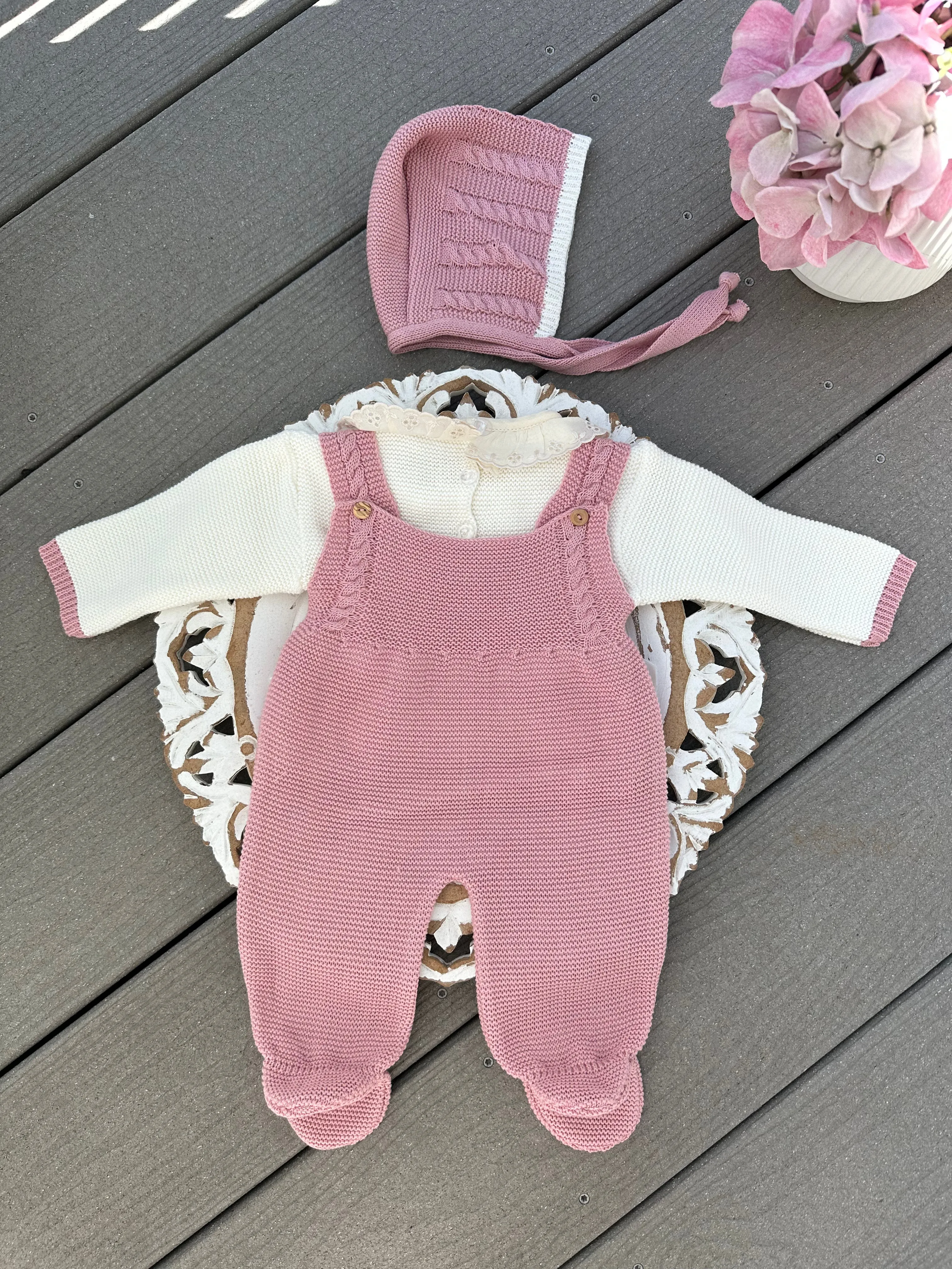 Double Bow Cable Knit Suspenders Style With Ruffle Collar Baby Knitted Romper in Old Pink and Ivory