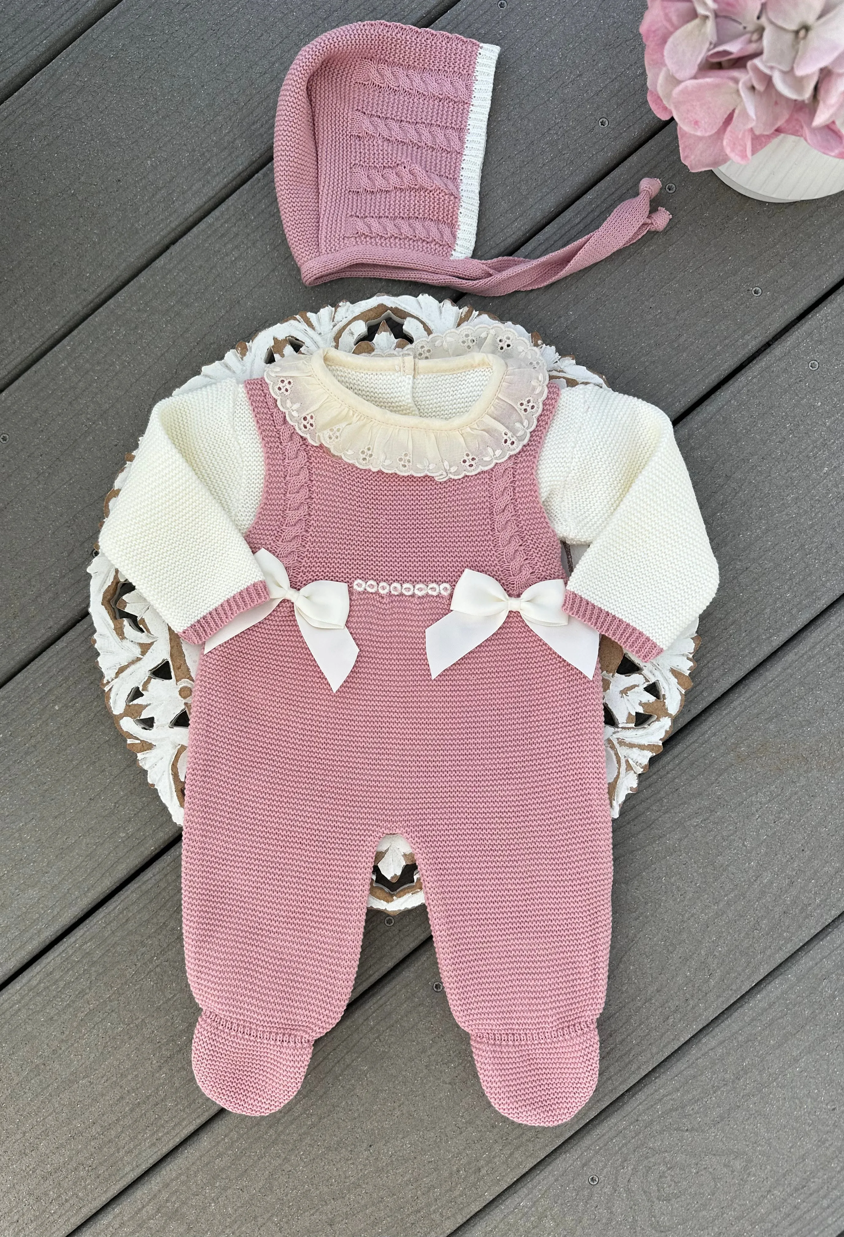 Double Bow Cable Knit Suspenders Style With Ruffle Collar Baby Knitted Romper in Old Pink and Ivory