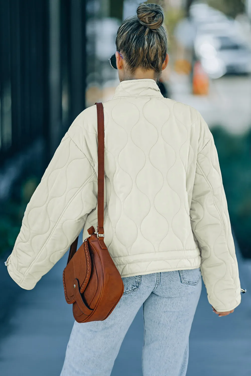 Drawstring Dropped Shoulder Quilted Jacket