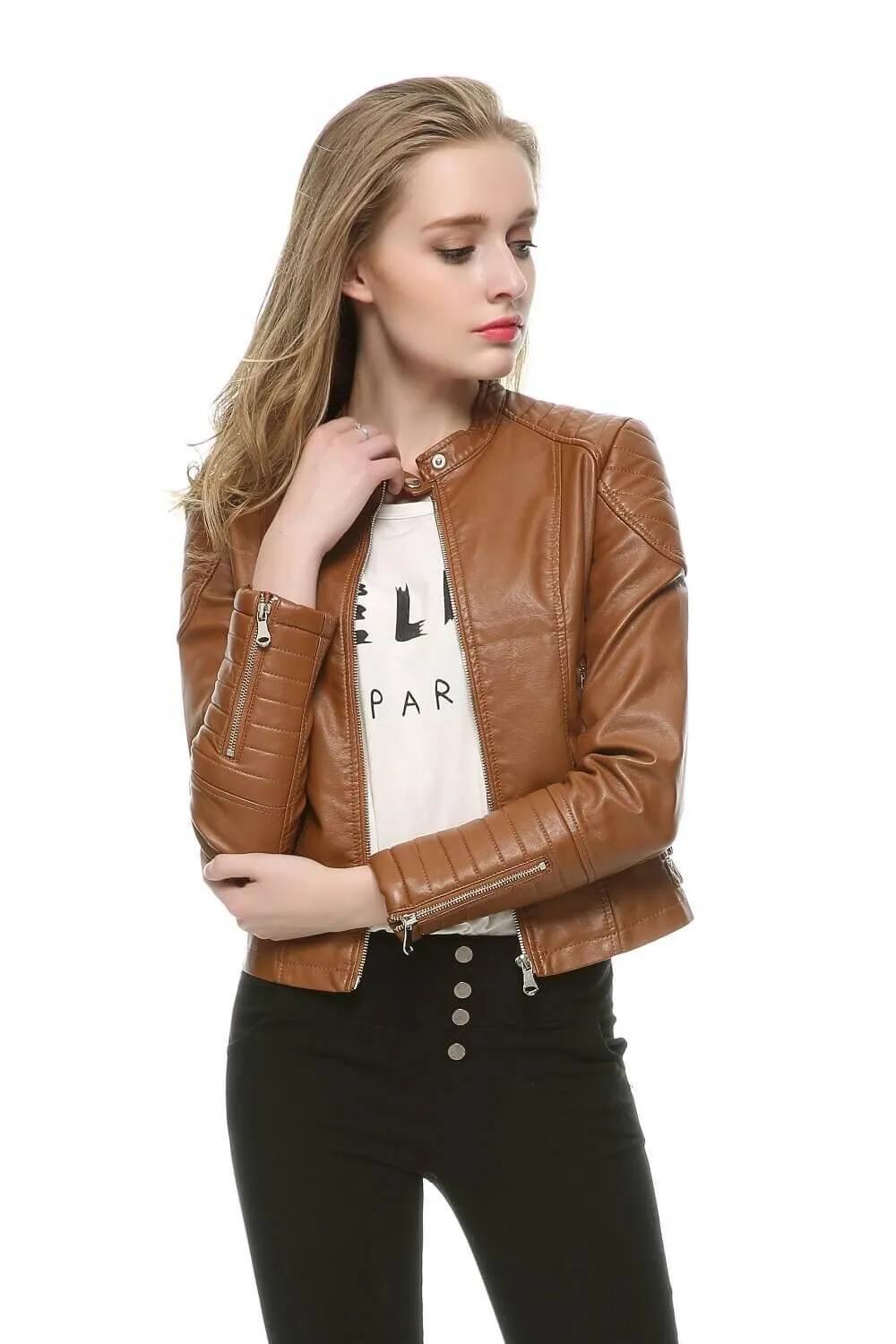 Faux Leather Biker Jacket in Brown or Black