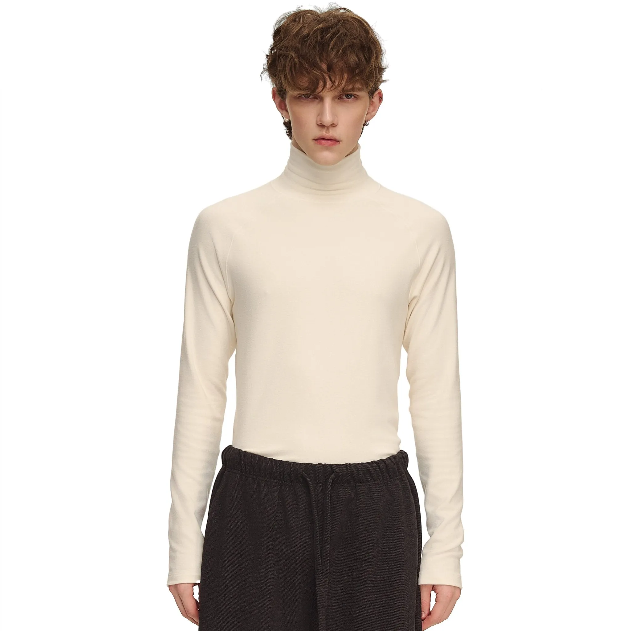 Fleece solid color turtleneck base shirt in white