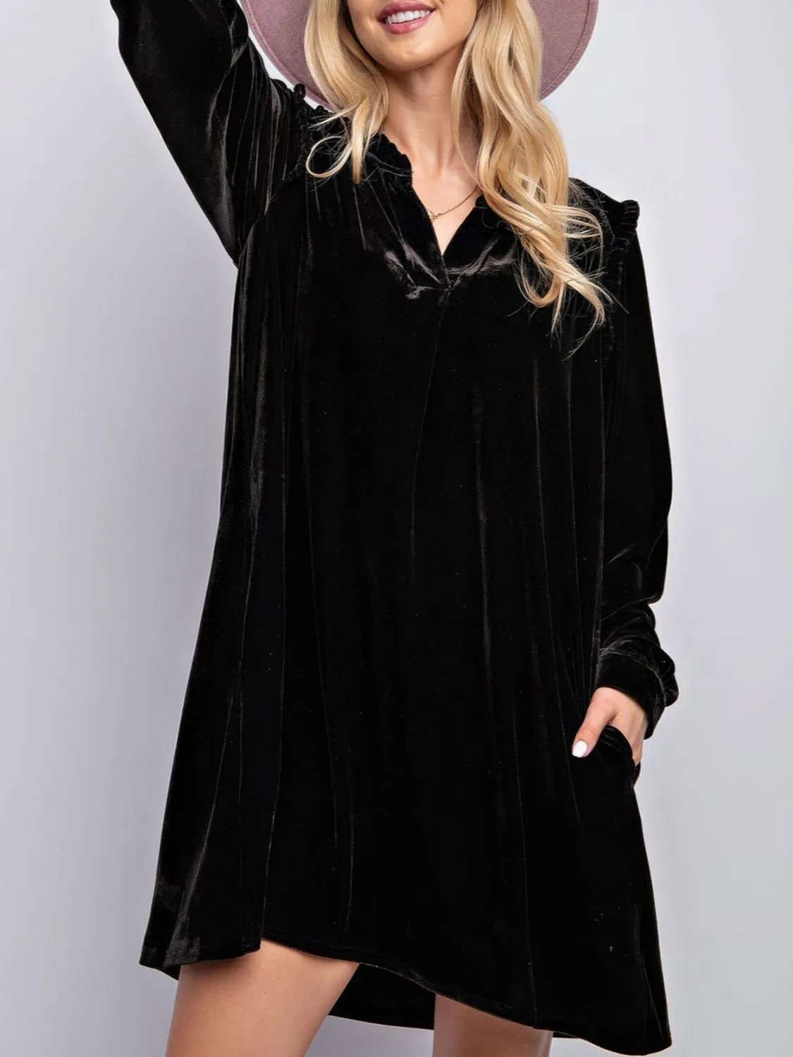 Frill Notched Long Sleeve Dress with Pockets | Winter Dresses