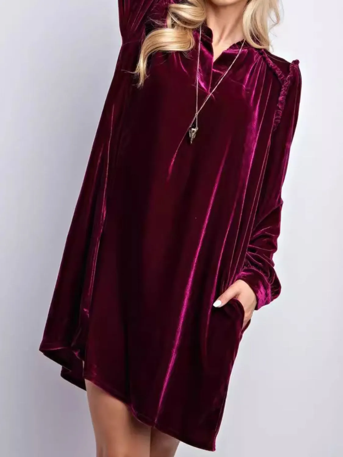 Frill Notched Long Sleeve Dress with Pockets | Winter Dresses