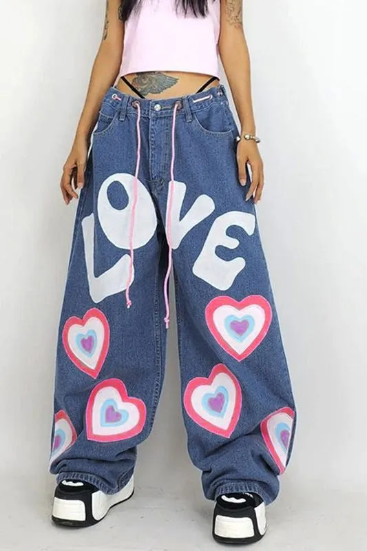 Graffiti printed floor-length wide-leg jeans