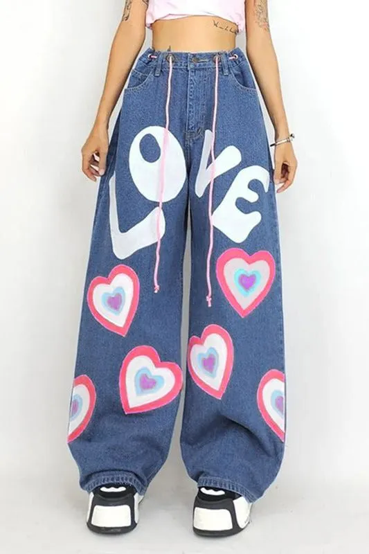 Graffiti printed floor-length wide-leg jeans