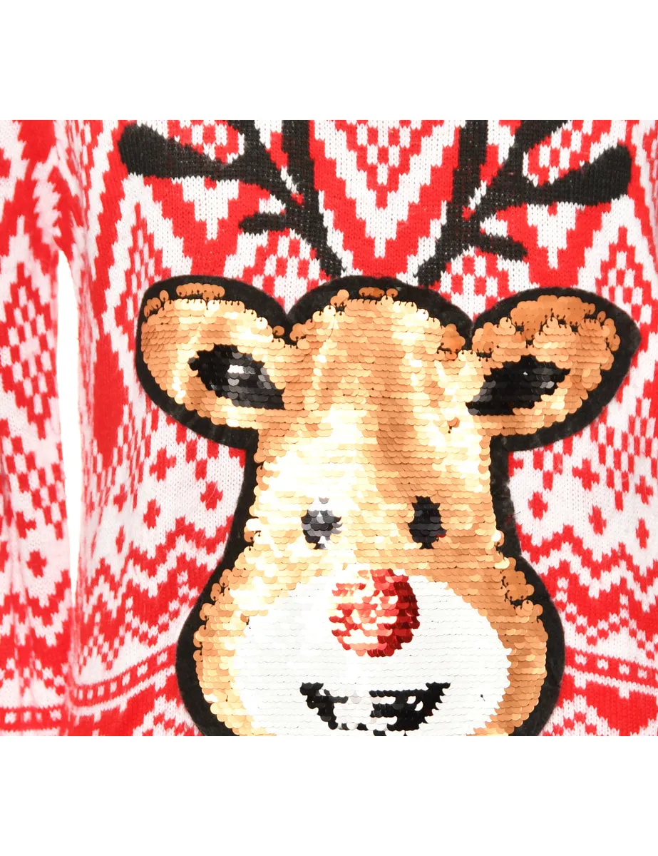 Green & Red Reindeer Design Christmas Jumper - XL