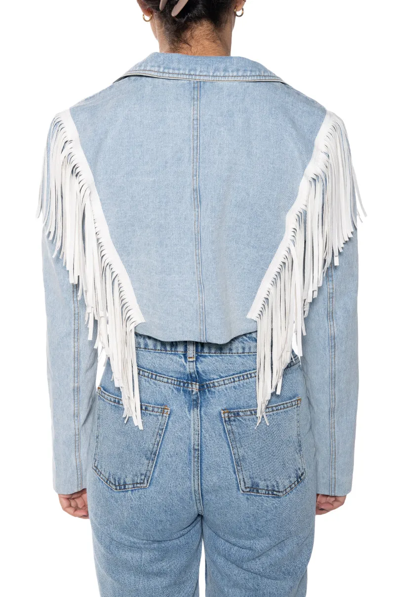 HALINA-DENIM WHITE FRINGE JACKET