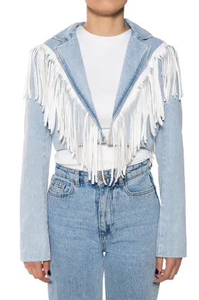 HALINA-DENIM WHITE FRINGE JACKET