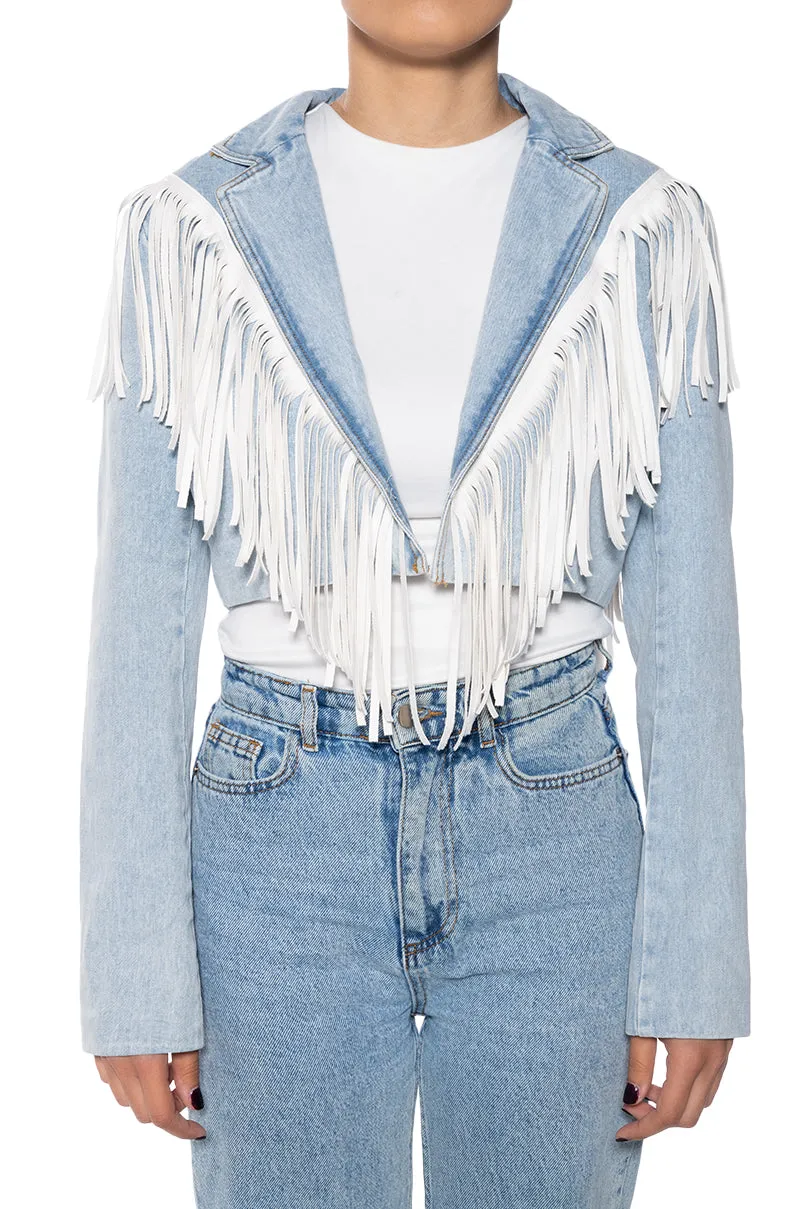 HALINA-DENIM WHITE FRINGE JACKET