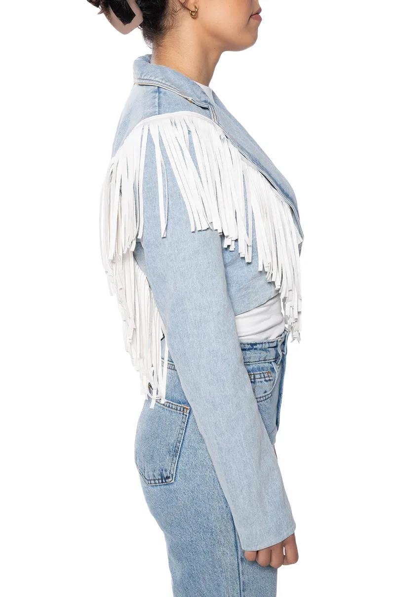 HALINA-DENIM WHITE FRINGE JACKET