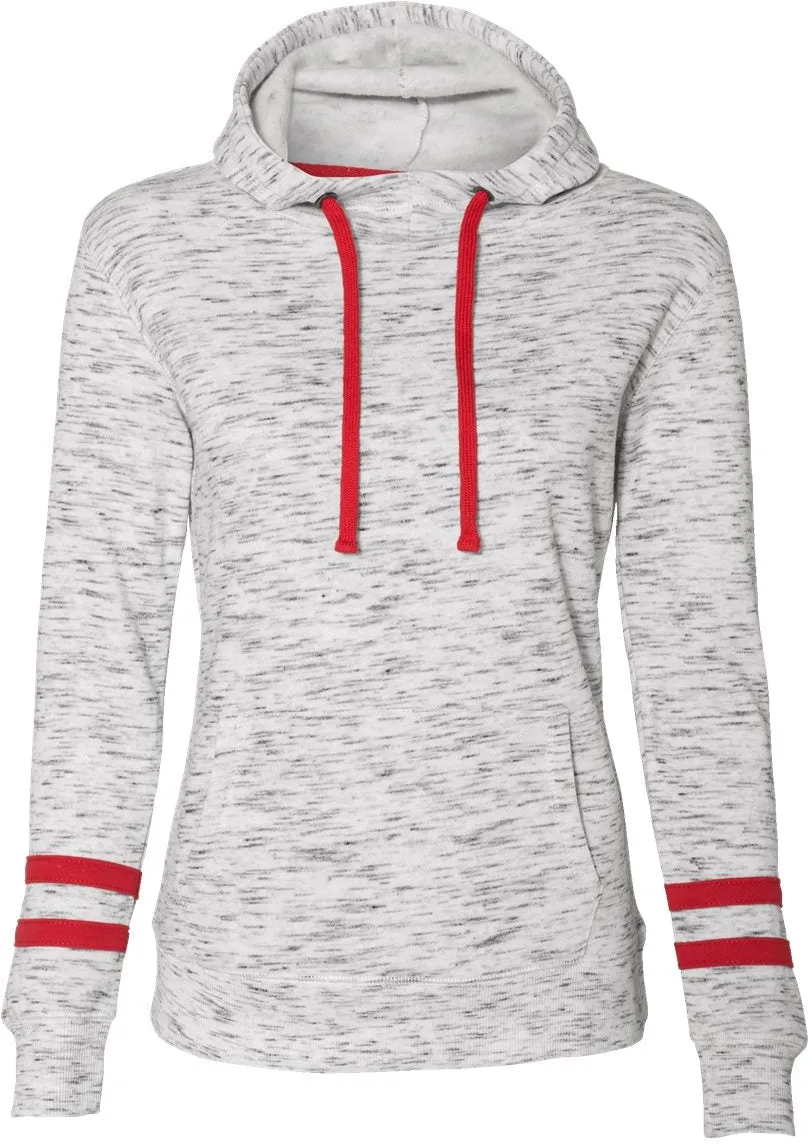 J America Ladies Mélange Fleece Striped-Sleeve Hooded Sweatshirt