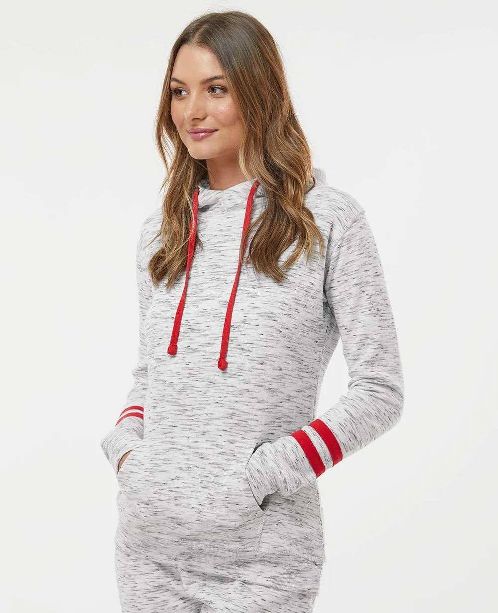 J America Ladies Mélange Fleece Striped-Sleeve Hooded Sweatshirt