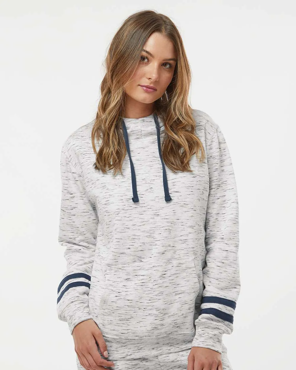 J America Ladies Mélange Fleece Striped-Sleeve Hooded Sweatshirt