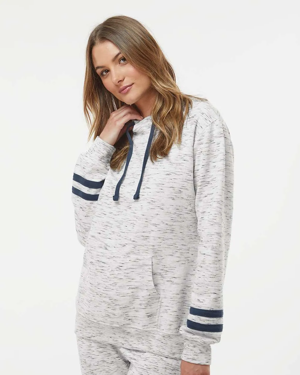 J America Ladies Mélange Fleece Striped-Sleeve Hooded Sweatshirt