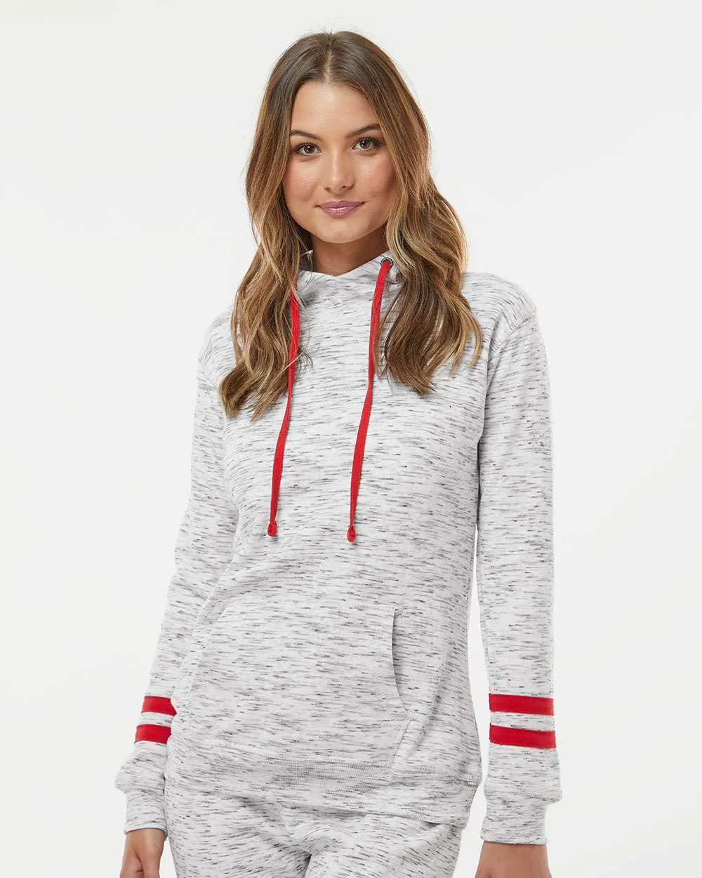 J America Ladies Mélange Fleece Striped-Sleeve Hooded Sweatshirt