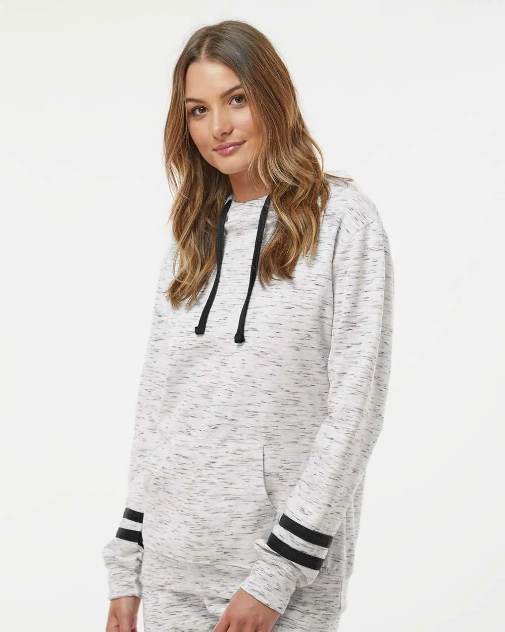 J America Ladies Mélange Fleece Striped-Sleeve Hooded Sweatshirt