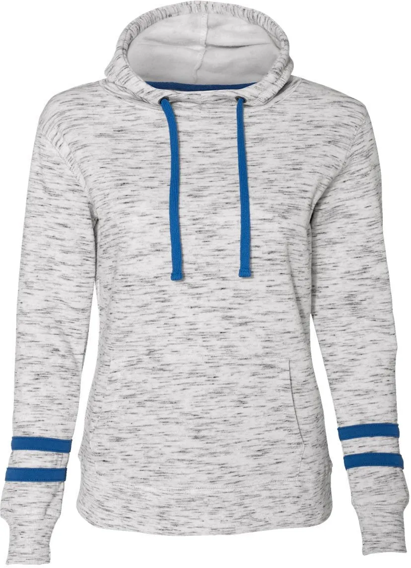 J America Ladies Mélange Fleece Striped-Sleeve Hooded Sweatshirt